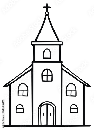 Black and White Sketch of a Traditional Church Building with Steeple and Cross