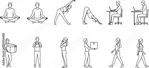 Collection of minimalist human posture illustrations showing daily activities, yoga poses, and ergonomic movements in black and white line drawing
