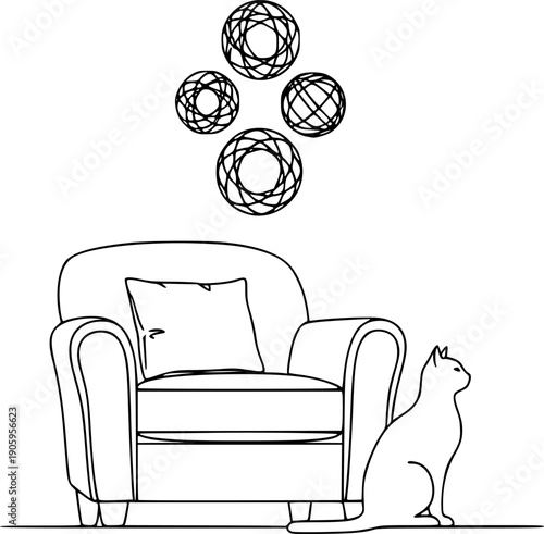 Minimalist line art illustration of a seated cat beside a cushioned armchair with abstract decorative spheres above
