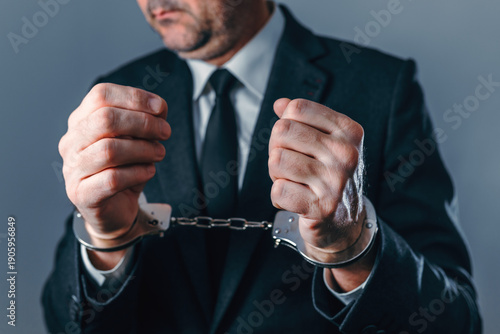 Close-up of arrested businessman in suit wearing handcuffs, symbolizing crime, corruption, fraud, and legal consequences in corporate and financial environments.