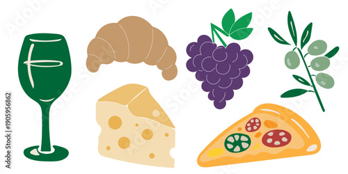 Vintage Cheese Slice. Grape, Croissant, Pizza< Olive> Glass of Wine. Graphic Retro Style Food Art. Cafe Restaurant Menu Print. Mediterranean Italian Coastal Life Style. 