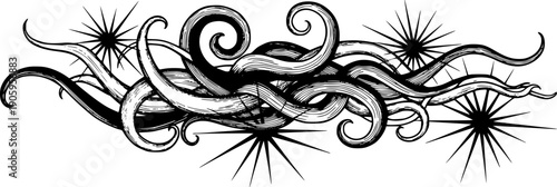 Monochrome abstract ink art featuring dynamic tentacle swirls and starburst patterns in black on a clean surface
