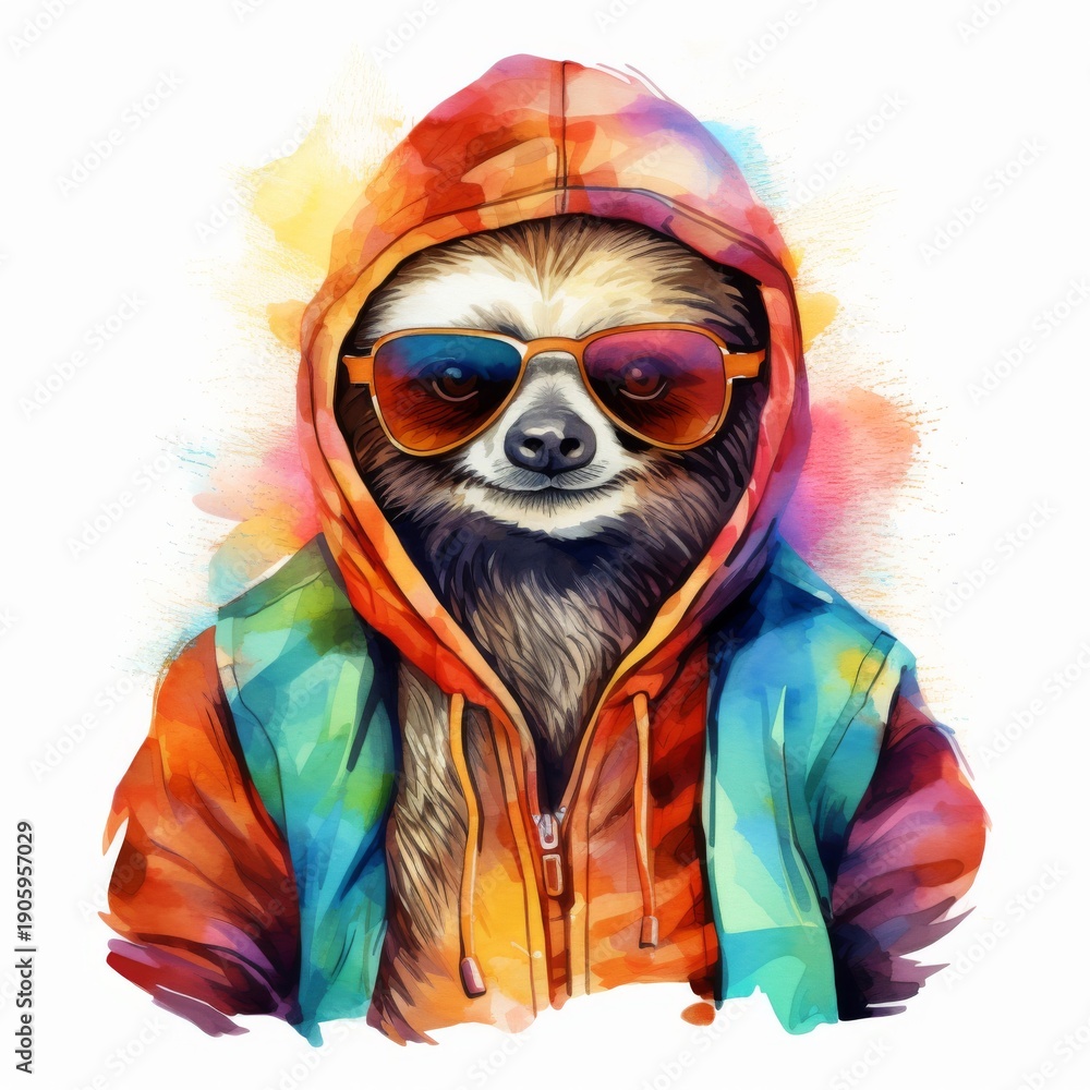 Fototapeta premium Cool sloth wearing sunglasses and a hoodie against a colorful watercolor background