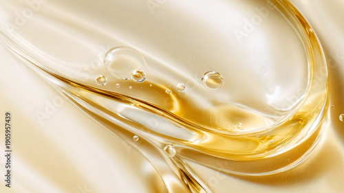 Golden cosmetic serum flowing creating abstract curves and smooth textures with sparkling air bubbles