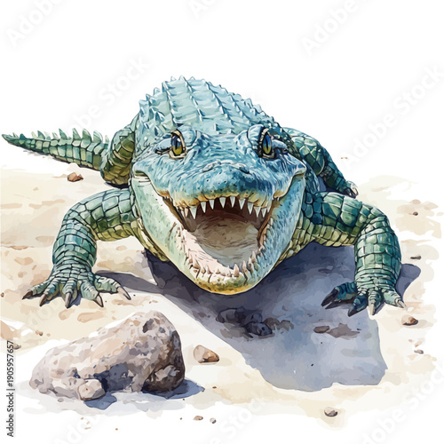 Nile Crocodile, elegant watercolor vector painting with refined details, isolated on a white background.