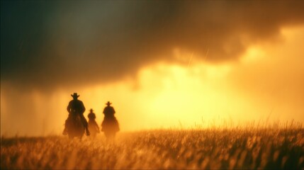 Cowboys ride horses during sunset in an open field under dark clouds