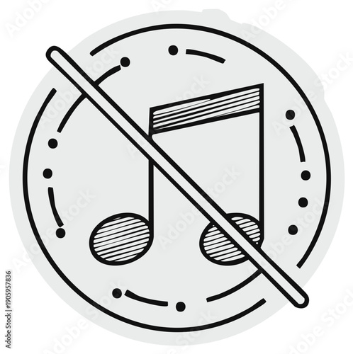Illustration of a music note symbol with a diagonal line across it indicating silence or no sound