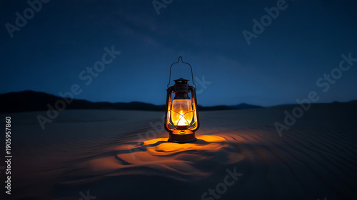 Antique lantern glowing with warm orange light placed on desert sand dune under dark blue night sky during ramadan season in tranquil wilderness area
