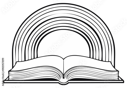 Open book drawing with rainbow arches behind it, vector illustration of knowledge and education concept with vintage appearance