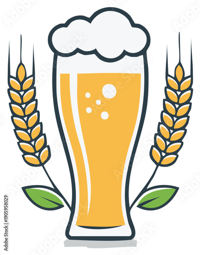 Beer in a Glass with Wheat Stalks Vector Illustration