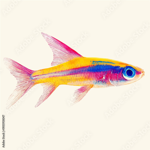 Neon Tetra, vibrant painting vector in watercolor style with playful brushwork and lively colors, isolated on a white background.
