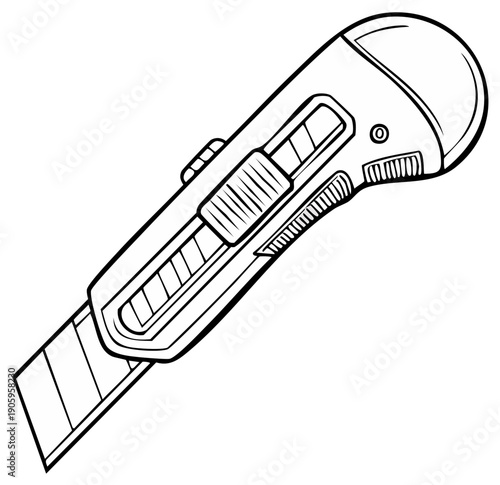 Hand drawn illustration of a utility knife with a retractable blade and ergonomic grip