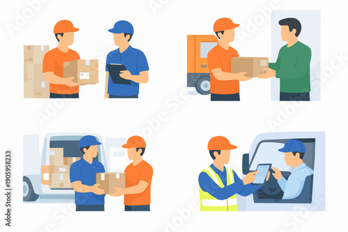 Delivery workers in uniform handling packages and interacting with customers and drivers