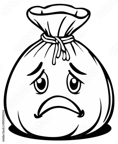Cartoon illustration of a money sack with a sad expression for children's stories or educational material conveying financial worries.