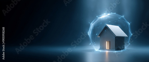 Small house model protected by glowing digital network sphere on dark background representing smart home security and technology