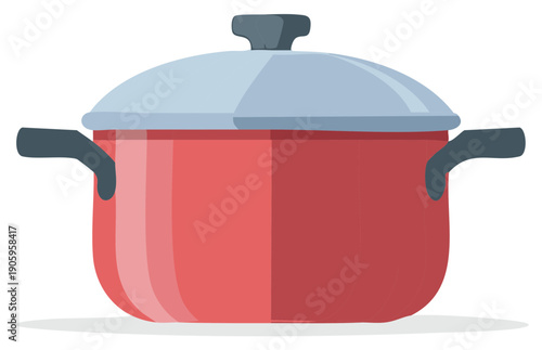 Cartoon cooking pot with lid vector image of red saucepan, cookware illustration