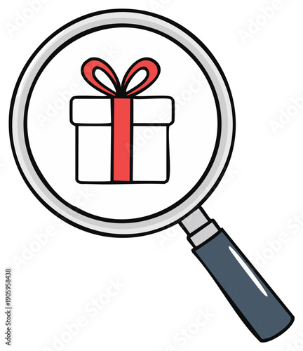 Magnifying glass focuses on a simple gift box with a red ribbon