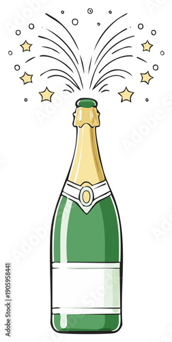 Festive champagne bottle popping illustration with golden stars and sparkling effervescence