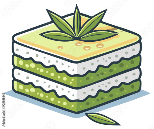 Layered Green Dessert with Leaves Pastry Vector Illustration Delicious Sweet Treat