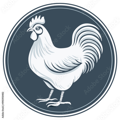 White Rooster Illustration Inside Circular Emblem