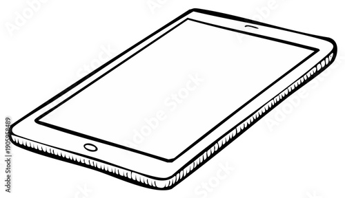 Tablet device hand drawn sketch with blank screen, digital tech outline
