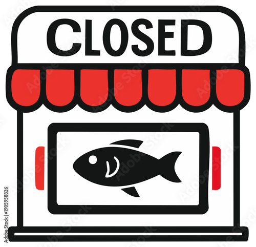 Fish shop storefront with closed sign and illustration of fish in window