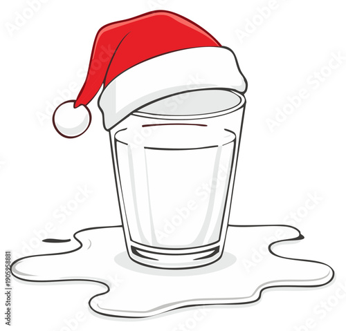 Playful Santa hat on a glass of milk with a white liquid spill, festive winter holiday concept