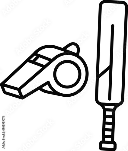 A simple line drawing of a whistle and a cricket bat.