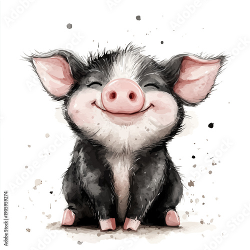 Mini Pig, elegant watercolor vector painting with refined details, isolated on a white background.