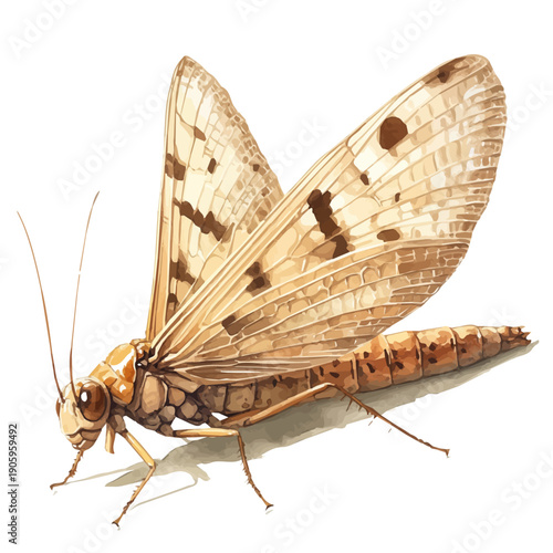 Mayfly, elegant watercolor vector painting with refined details, isolated on a white background.