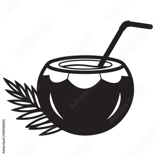Minimalist black and white coconut cocktail vector icon featuring a drinking straw and a palm leaf, isolated on a white background for tropical summer vacation branding and graphic design.