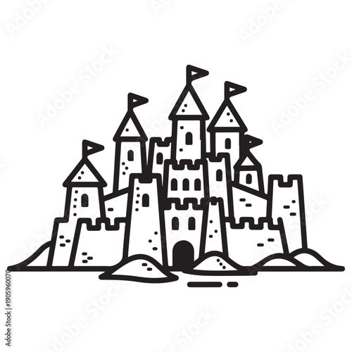Detailed sandcastle line art illustration featuring multiple towers with flags and fortified walls, capturing the essence of summer beach activities and creative childhood play on white.