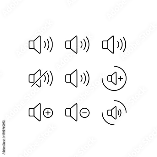 Collection of nine minimalist line art icons representing various volume control settings including mute sound up and sound down adjustments for user interfaces