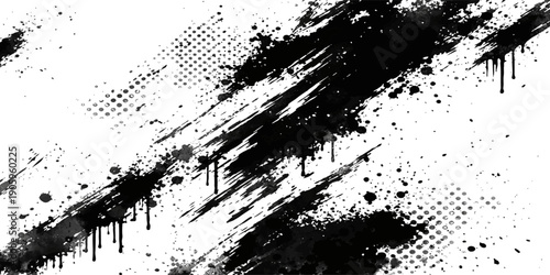 Abstract grunge black background vector illustration featuring a dirty ink splash texture with paint splatter stains and a halftone spray pattern design