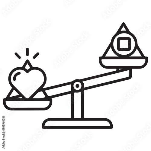 Minimalist Line Art Icon of a Balance Scale Weighing a Heart Against Geometric Symbols Representing the Concept of Emotion Over Logic and Human Values in a Clean Vector Illustration Style.