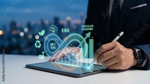 Businessman Planning Circular Economy Strategy with Holographic Infinity Loop and Sustainable Growth Graph Represents ESG, Net Zero, and Green Business