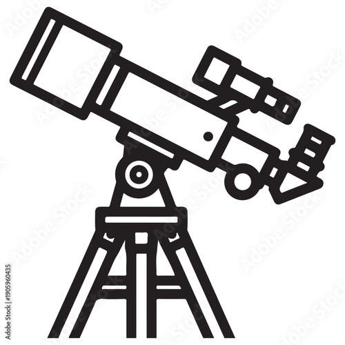 Professional astronomical telescope icon on a tripod stand for stargazing and space exploration, isolated on a white background in a clean minimalist line art style for science and education.