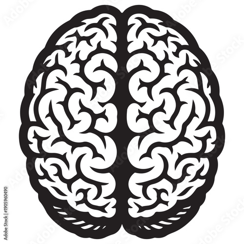 Stylized human brain illustration in bold black and white tribal art style, representing intelligence, mental health, and cognitive function, isolated on white background for modern design.