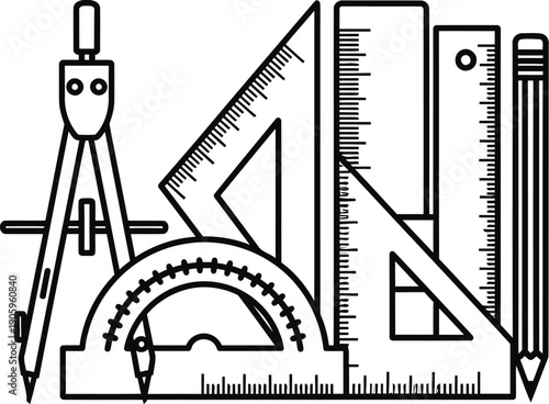 Classic drafting tools including protractor, compass, and rulers on a flat surface