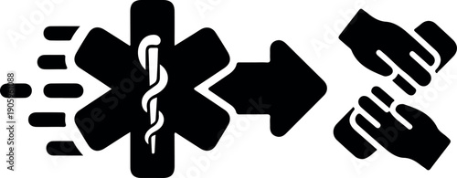 Black medical cross symbol with first aid kit and bandages vector illustration isolated on white background for healthcare and emergency