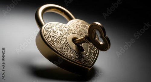 Heart-shaped gold lock with intricate design and key  