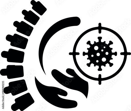 Coronavirus COVID-19 virus particle medical illustration with RNA strands and spike proteins in black and white minimalist design for health and science