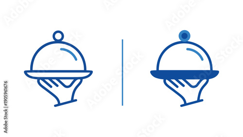 Food Serving Tray in Hand Icon Set, Restaurant Cloche Service Line and Solid Vector