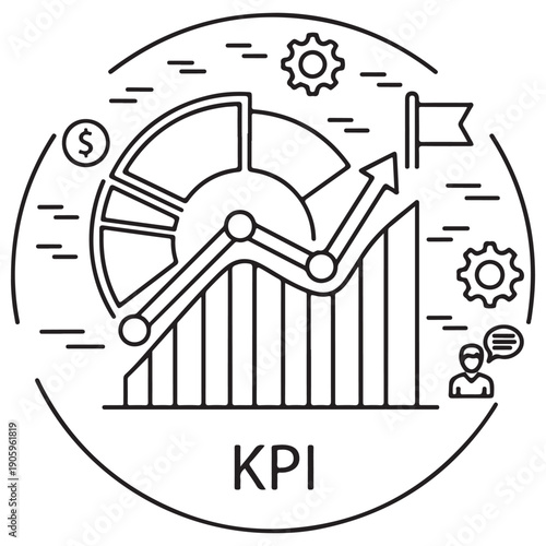 KPI business performance concept illustration featuring data visualization charts, growth arrows, and strategic icons designed in a modern thin line art style for corporate analytics.