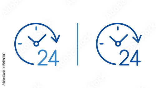24 Hour Clock Icon Set, Around the Clock Service Line and Solid Vector