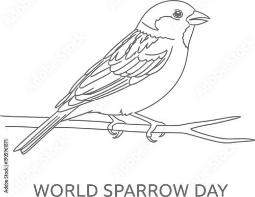 A sparrow perched on a branch celebrating world sparrow day with a simple line drawing.