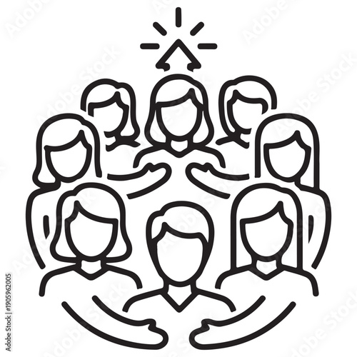 Diverse group of people icon representing community support, collective empowerment, and inclusive leadership in a minimalist black line art style for business and social concepts.