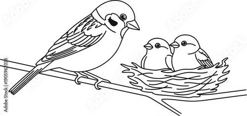 A mother bird sitting beside her nest with three small chicks inside it