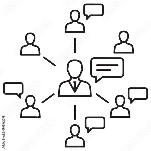 Professional business network and communication icon illustrating a central leader connecting with a diverse team through speech bubbles and network lines for social media management.