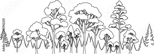 A serene black and white forest landscape with scattered trees and gentle rolling hills